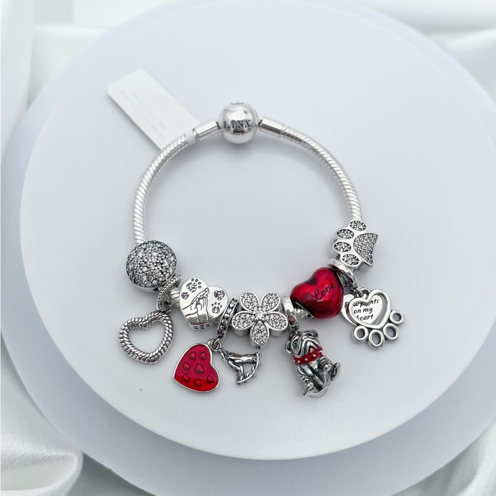 Linx Snake Chain Bracelet and English Bulldog Themed Charms 925 sterling silver